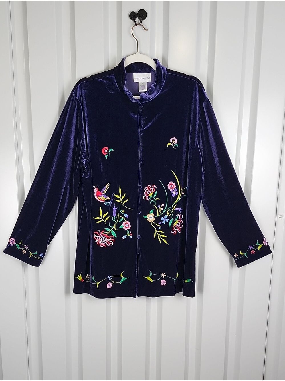 Susan Graver Jacket Purple Velvet Floral Embroidered Large NWT Boho Birds Plush